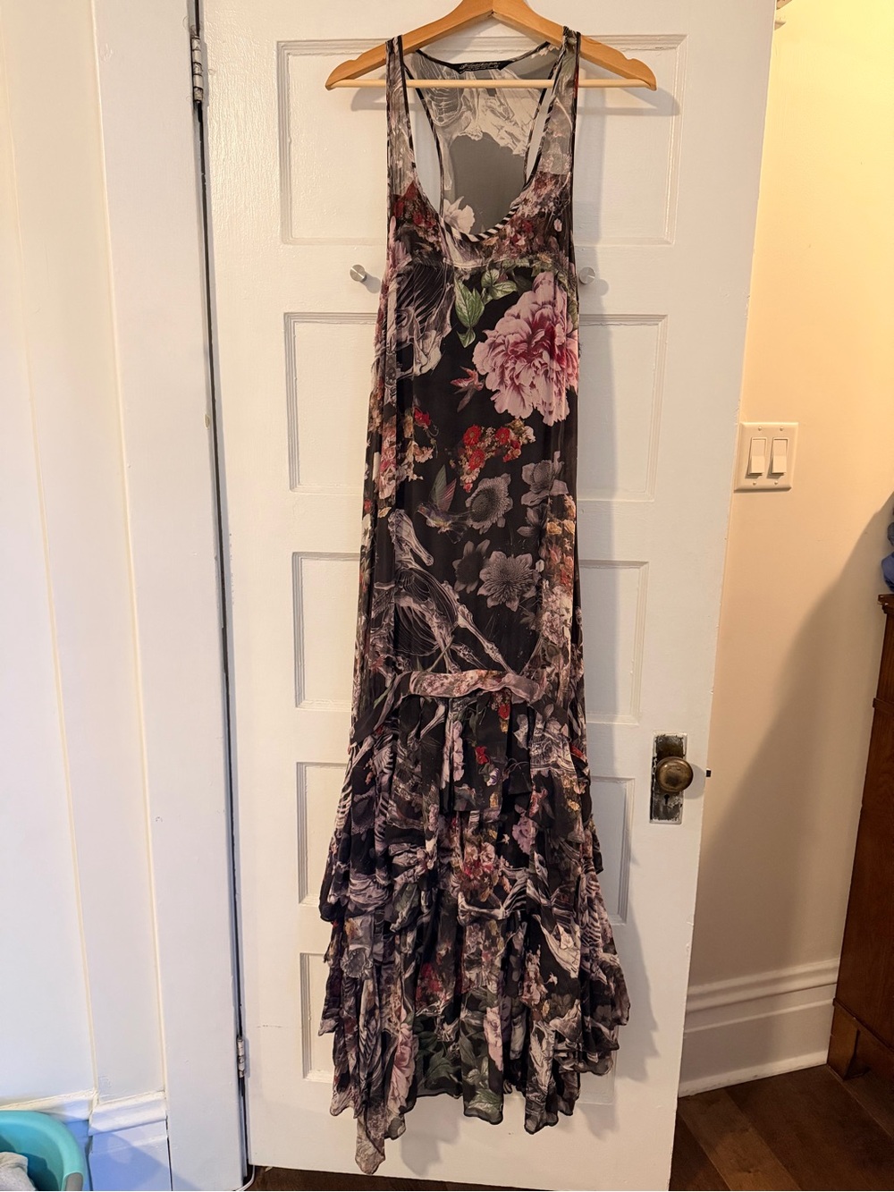 All Saints Black Floral Tiered Maxi Dress with Pink and Green Accents